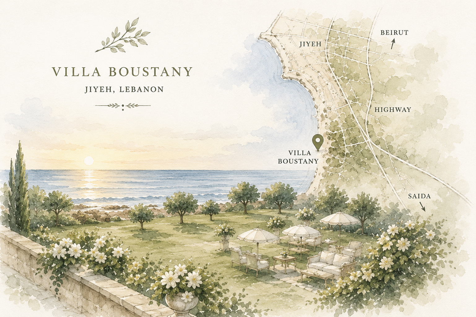 Illustrated map of Villa Boustany in Jiyeh, Lebanon, showing the seaside garden and the coastal road between Beirut and Saida