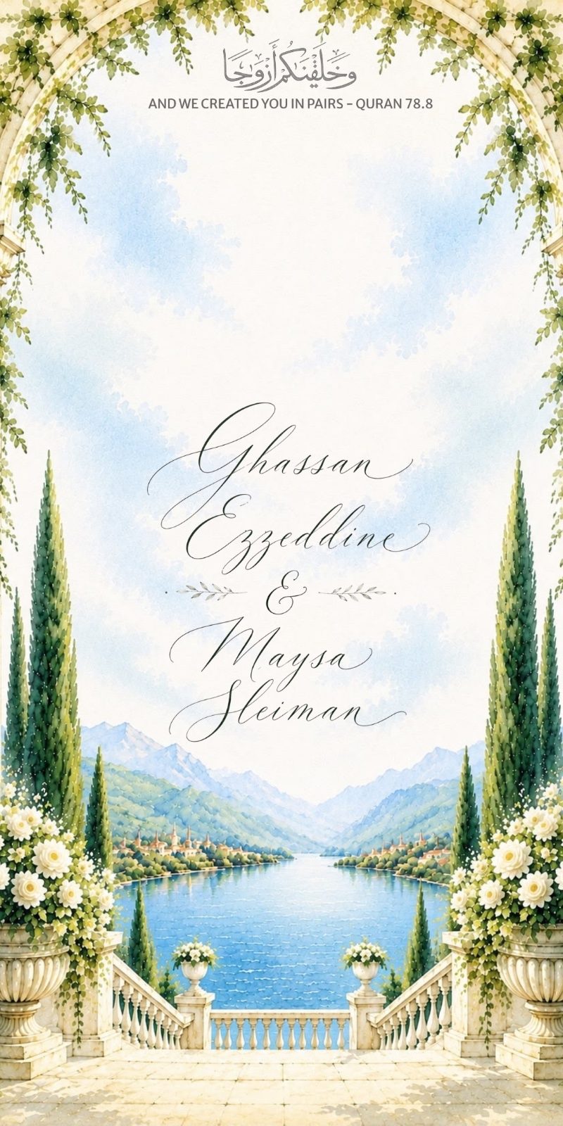 Elegant wedding invitation scene: stone archway and cypress trees framing a lake, with Arabic calligraphy and Ghassan Ezzeddine & May Sleiman in script