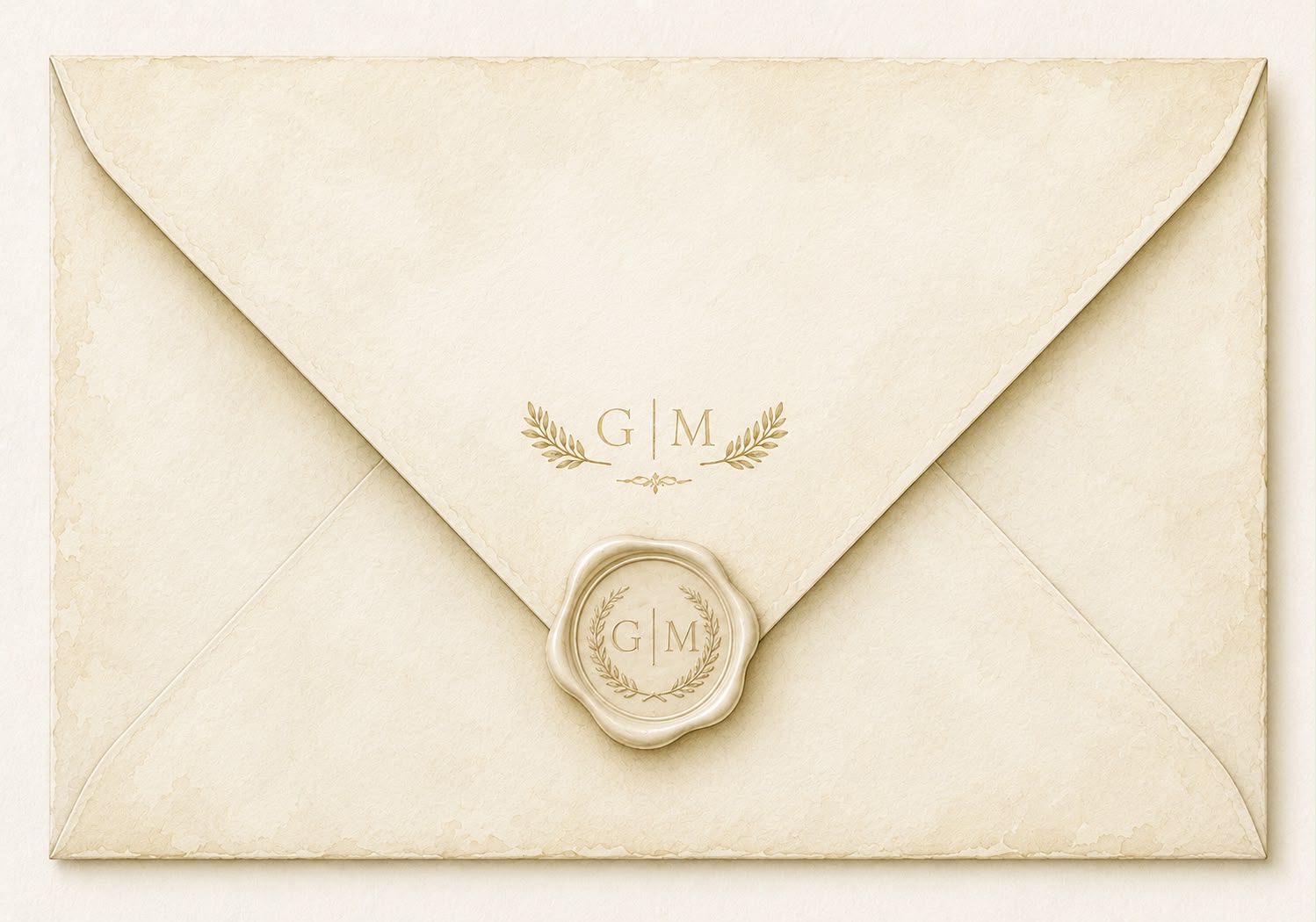 Ivory wedding envelope with G and M wax seal